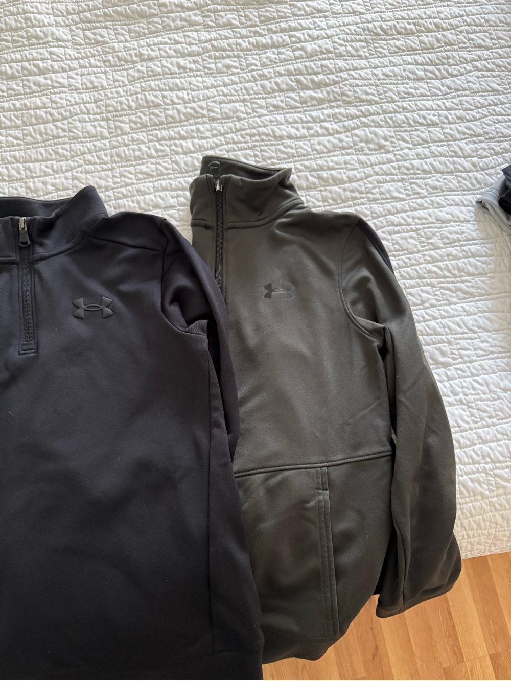 Lot of TWO- Under Armour Boy’s Black Quarter-Zip AND Olive Green/Black Full Zip